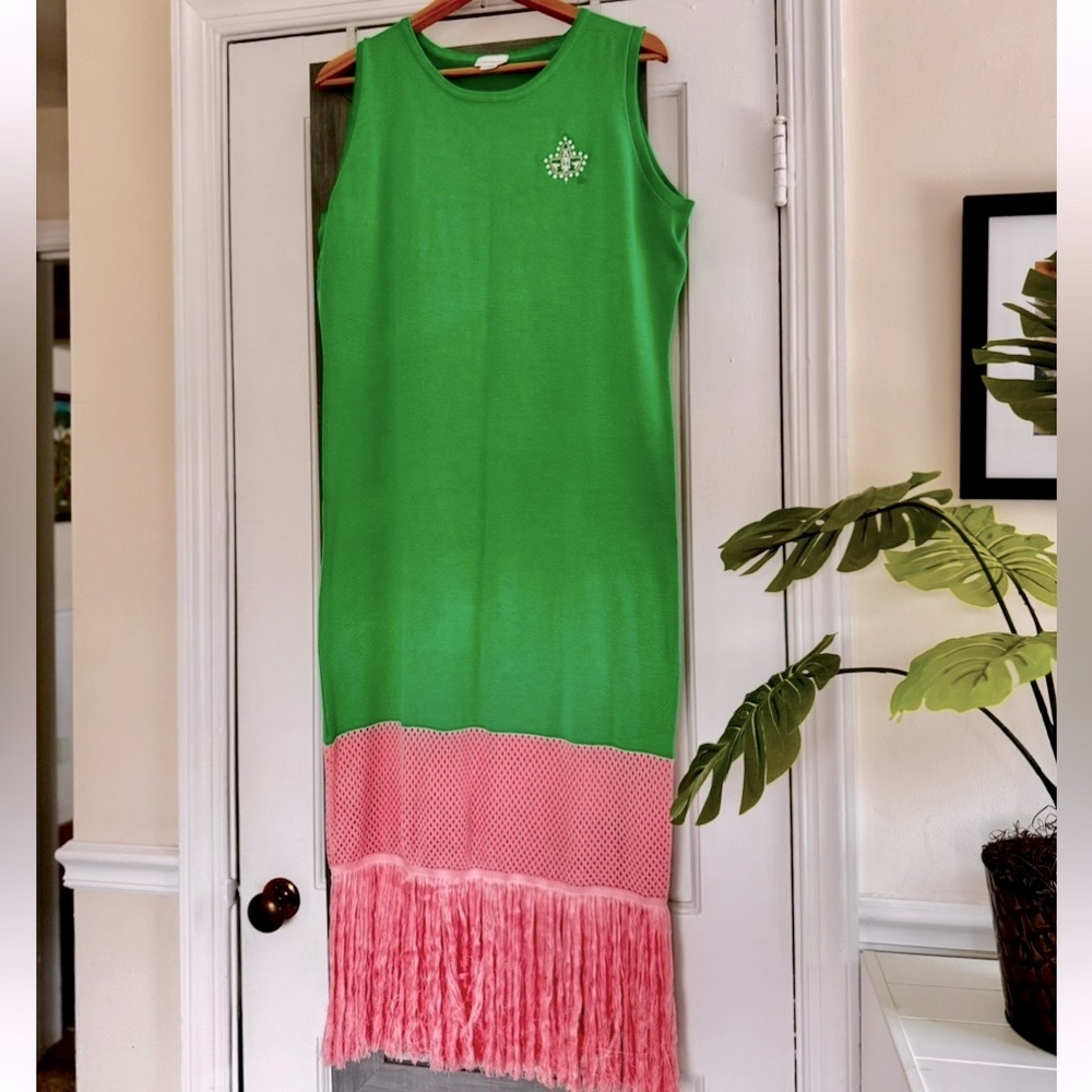 Ivy Storehouse Green and Pink Fringe Hem Sleeveless Dress Reunion Spring